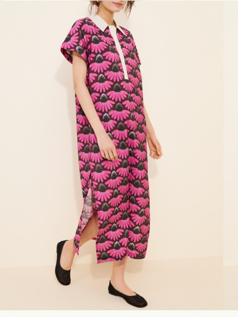 Dhruv Kapoor Tshirt Dress Medium Euc Pink Daisy Print Polo Midi Shirt Dress